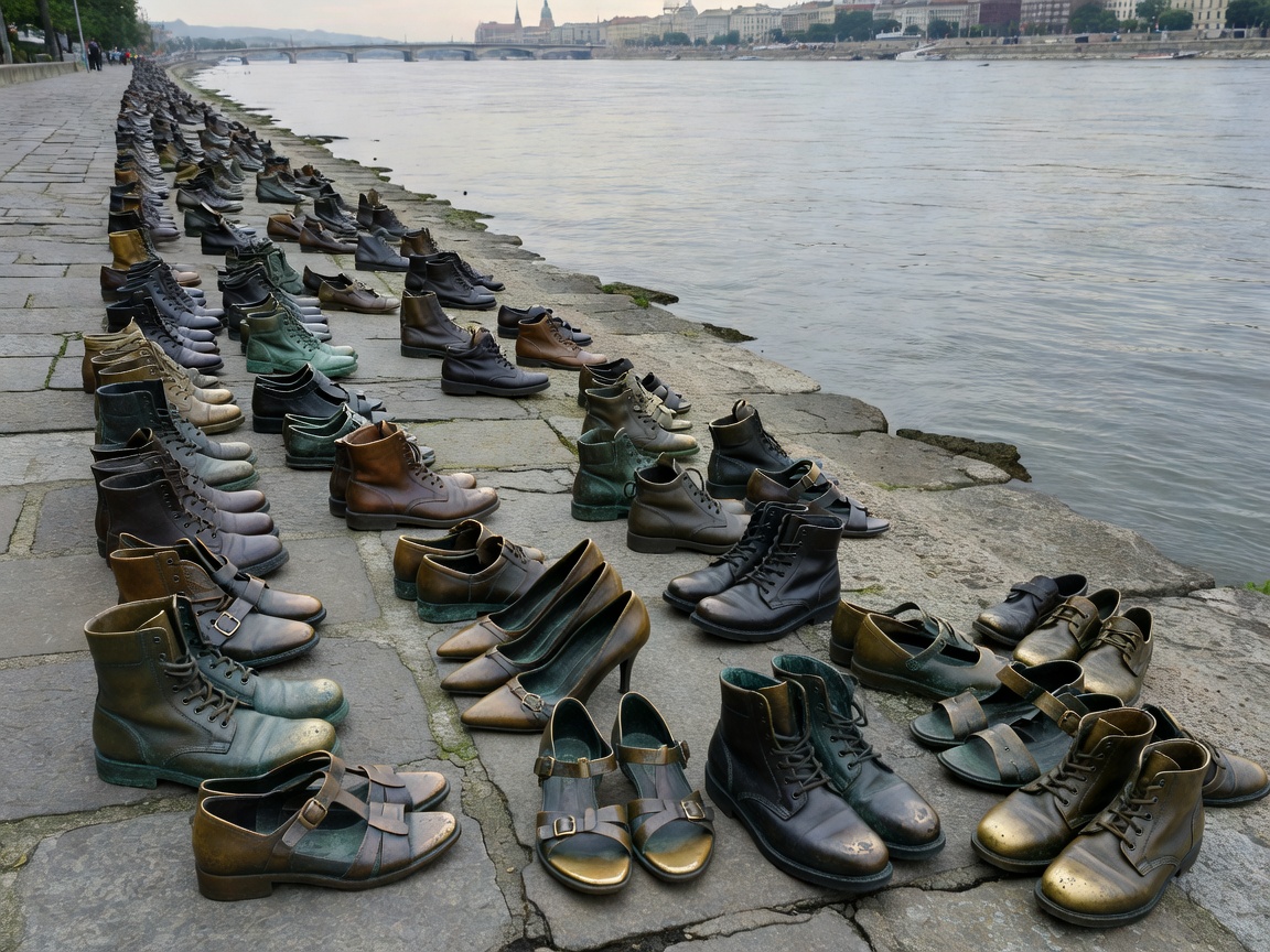 Bronze shoes monument along the edge of the Danube stone riverbank in Budapest