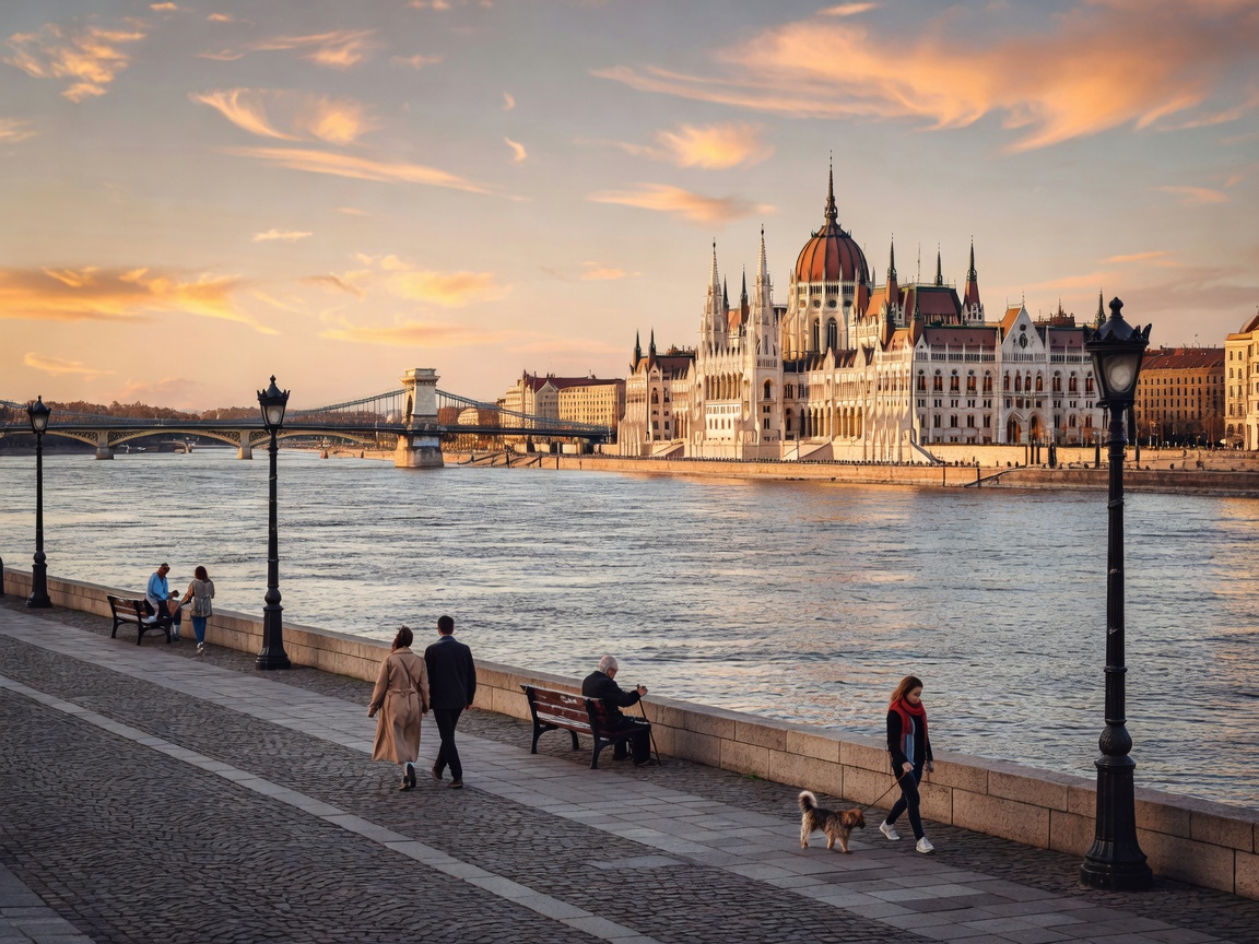 Danube River promenade walkway overlooking the Hungarian Parliament and historical bridges