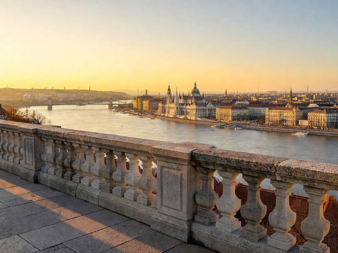 Eastern terrace balustrade of the Buda Castle overlooking the Danube River and Pest