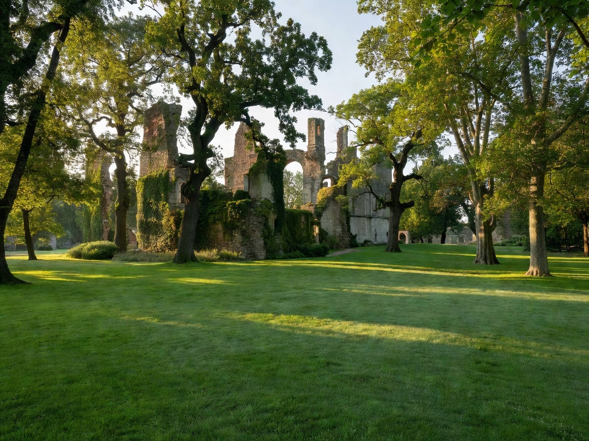 Lush green lawns, historical monastery ruins and trees on Margaret Island