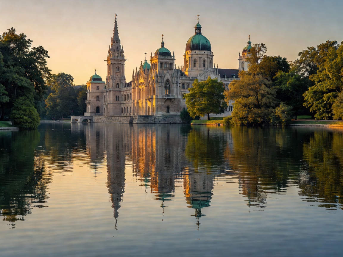 Reflections of the Gothic and Baroque towers of Vajdahunyad Castle across the lake in Budapest City Park