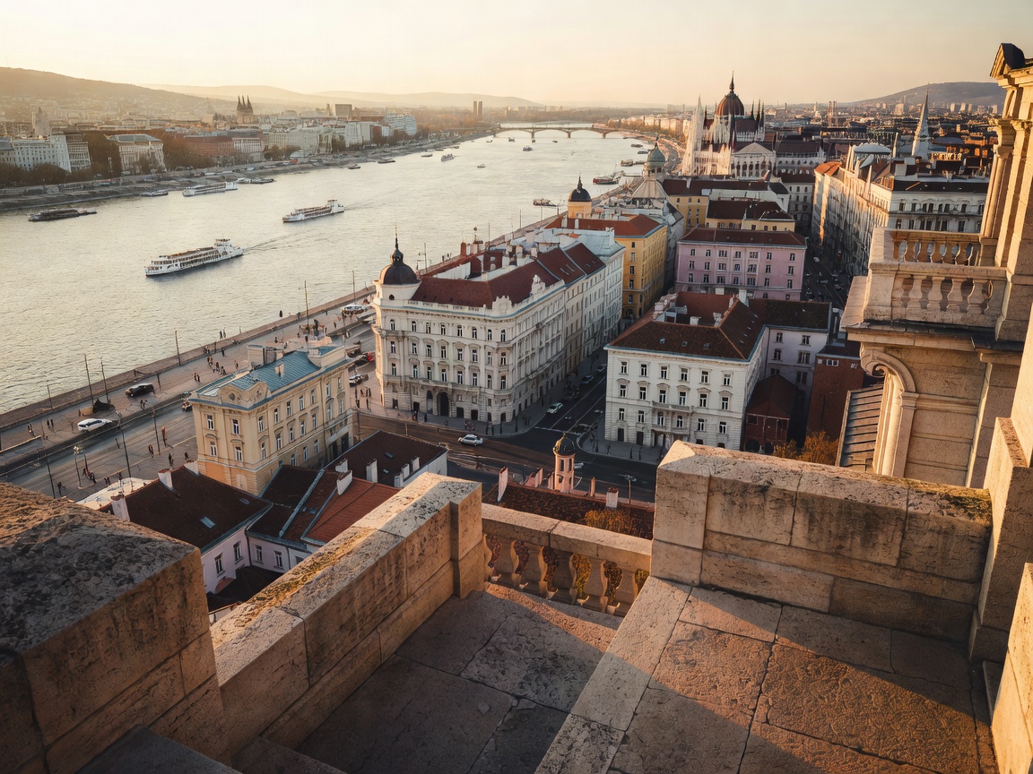View over the Danube and Pest riverfront from the intermediate balconies of Gellért Hill